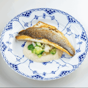 Sea bass with broccolini and cauliflower puree